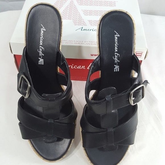 AE Madison Cork Heel Sandal Black Platform Shoe - Picture 2 of 8